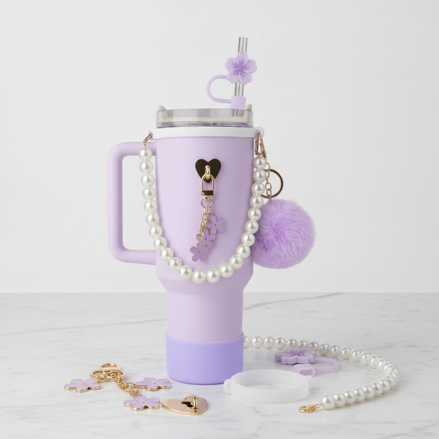Purple Flower Pearl Tumbler Charm Bundle Set
