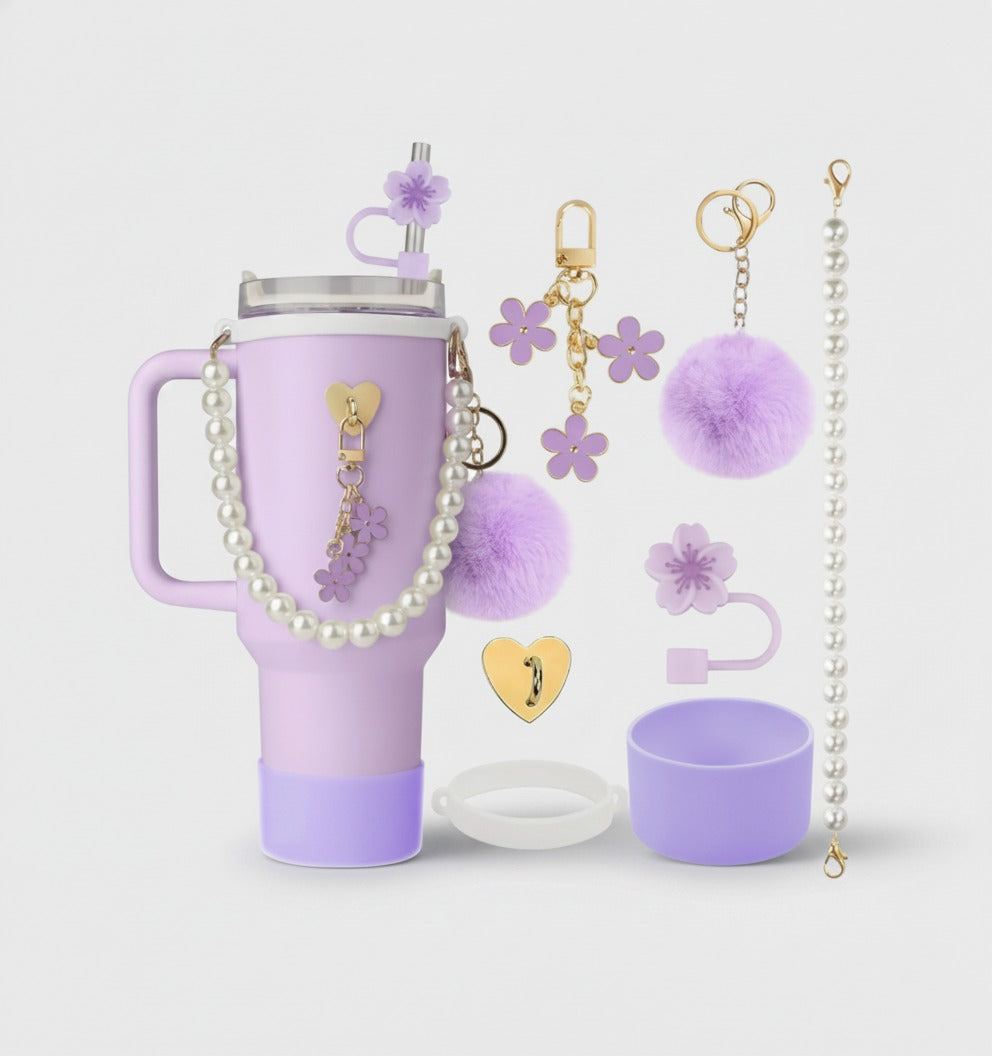 Purple Flower Pearl Tumbler Charm Bundle Set – novelty & toys (view 1)