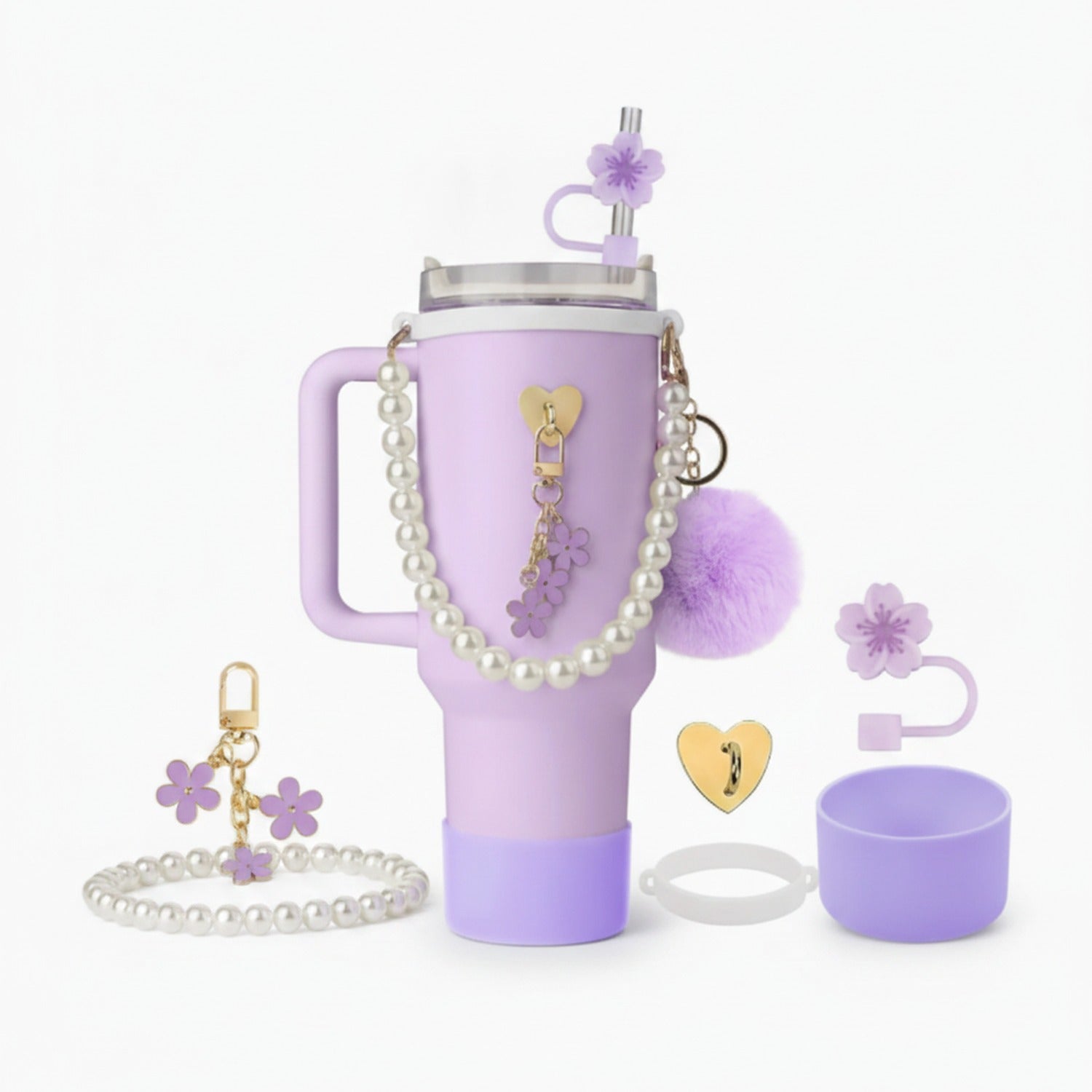 Purple Flower Pearl Tumbler Charm Bundle Set