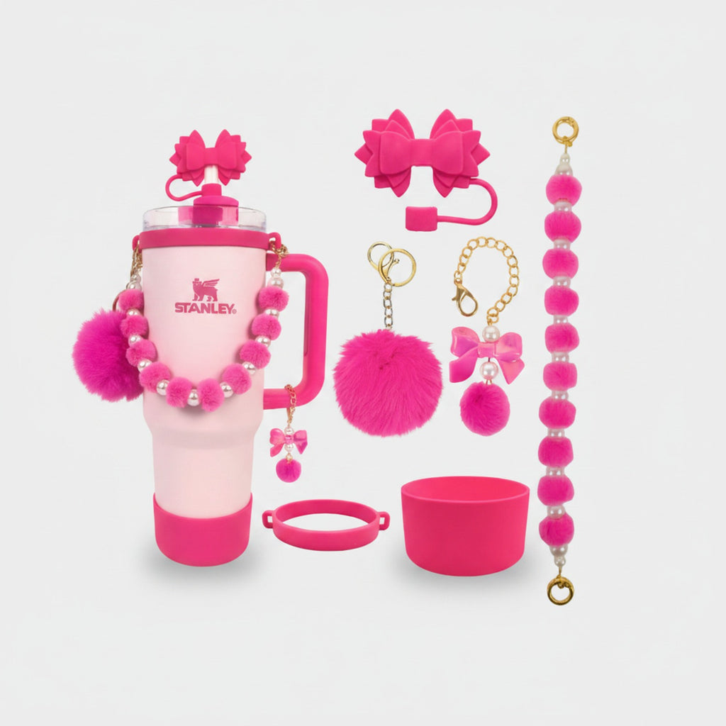 Hot Pink Beaded Pearl Cup Charm Bracelet Set