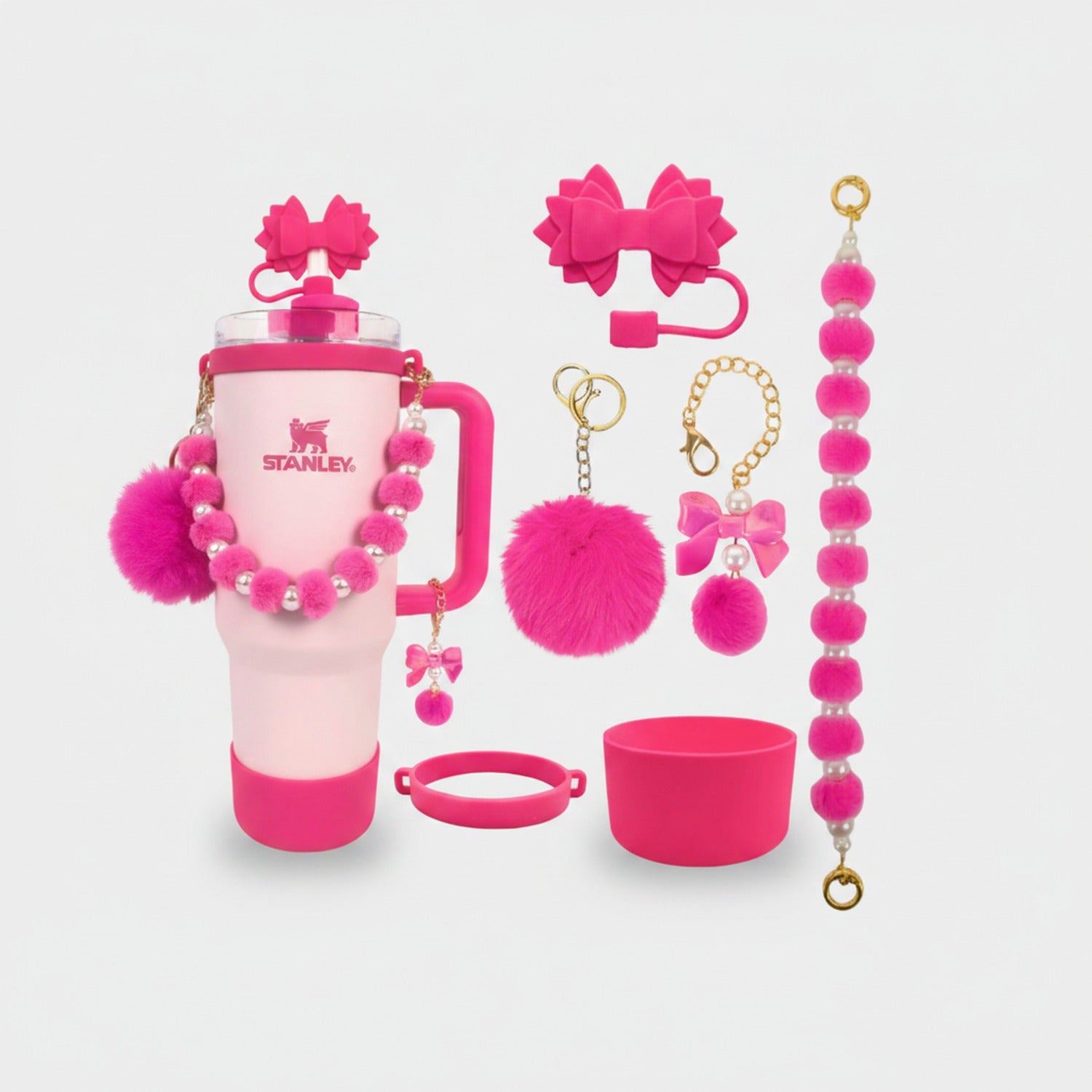 Hot Pink Beaded Pearl Cup Charm Bracelet Set