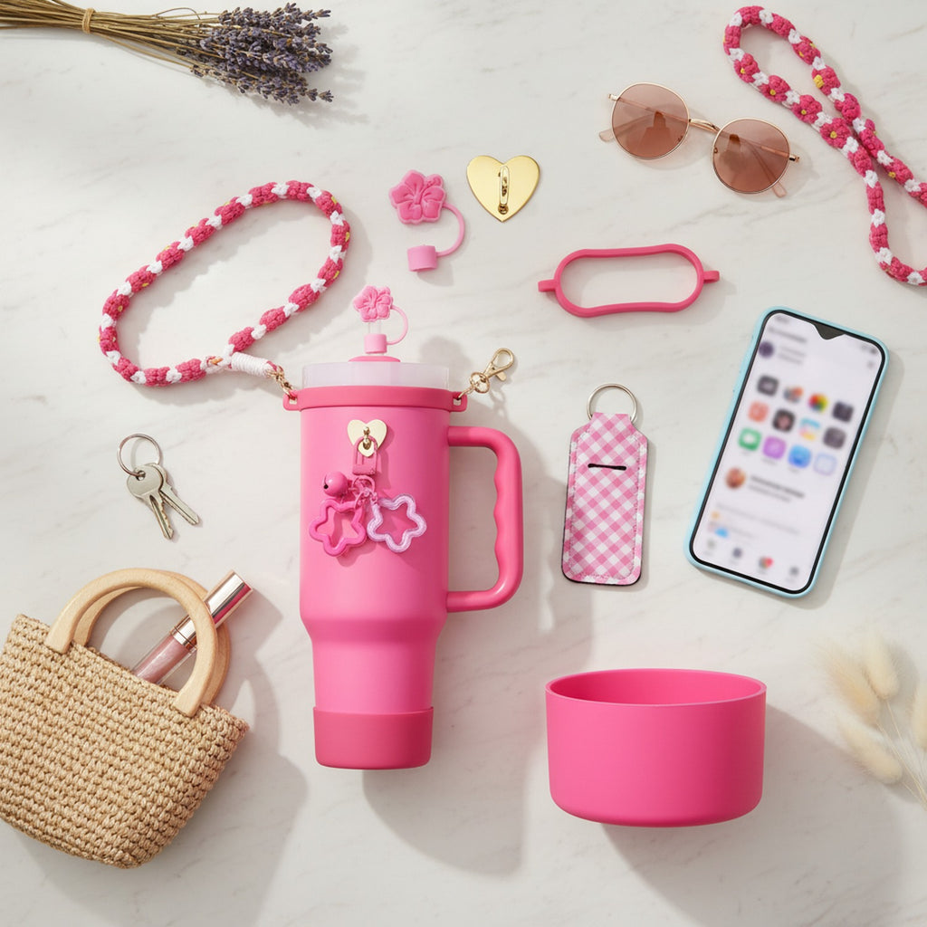 Daisy Flower Beaded Cup Charm Accessories Set - Magenta – novelty & toys (view 3)