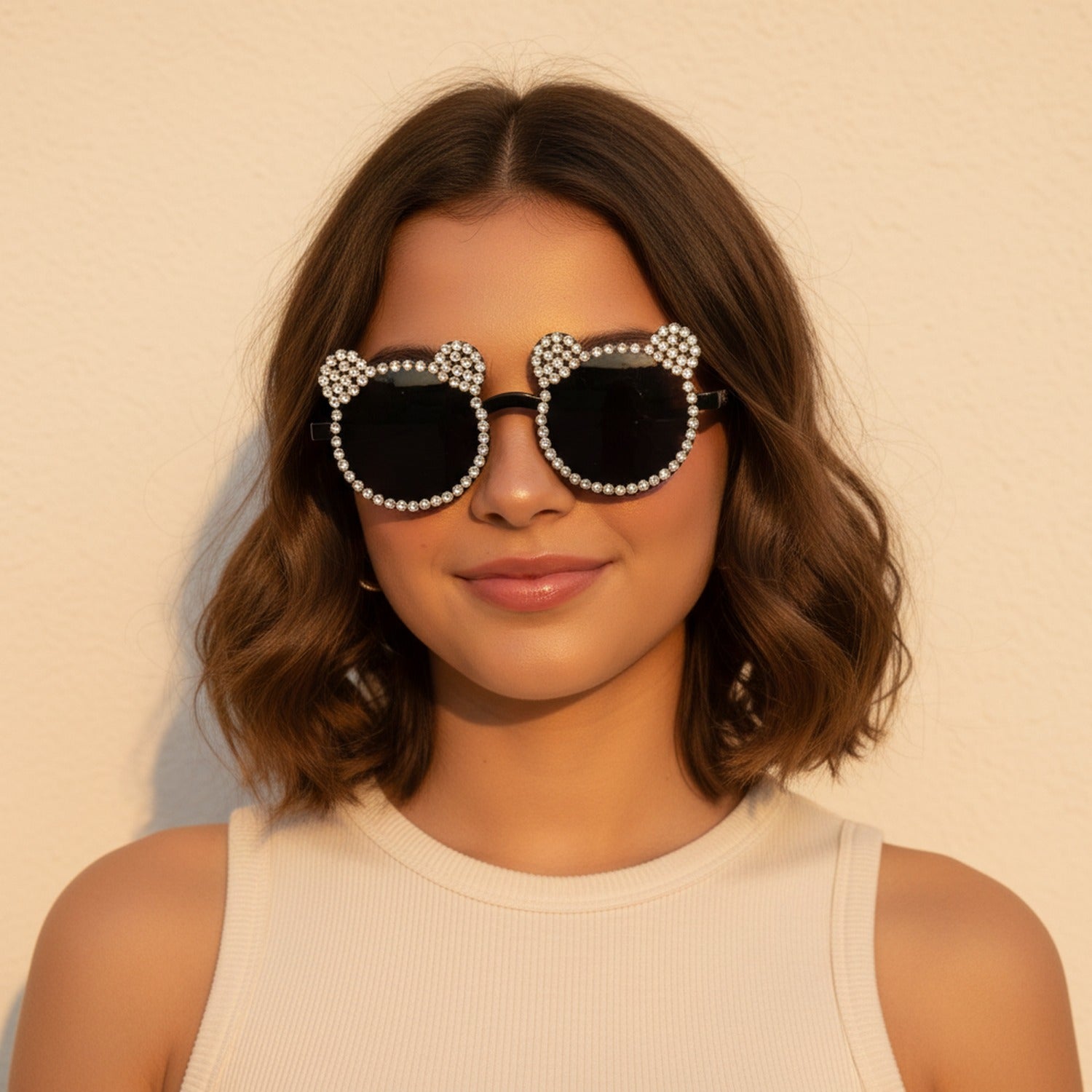 Rhinestone Bear Round Sunglasses Black