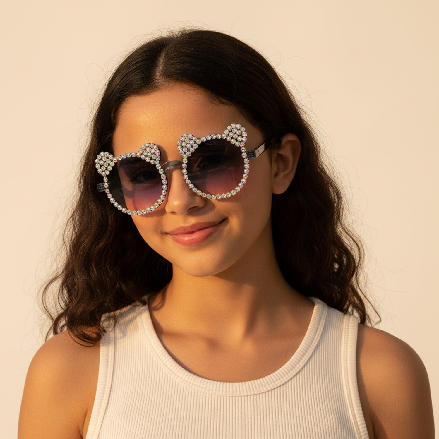 Rhinestone Bear Round Sunglasses Black