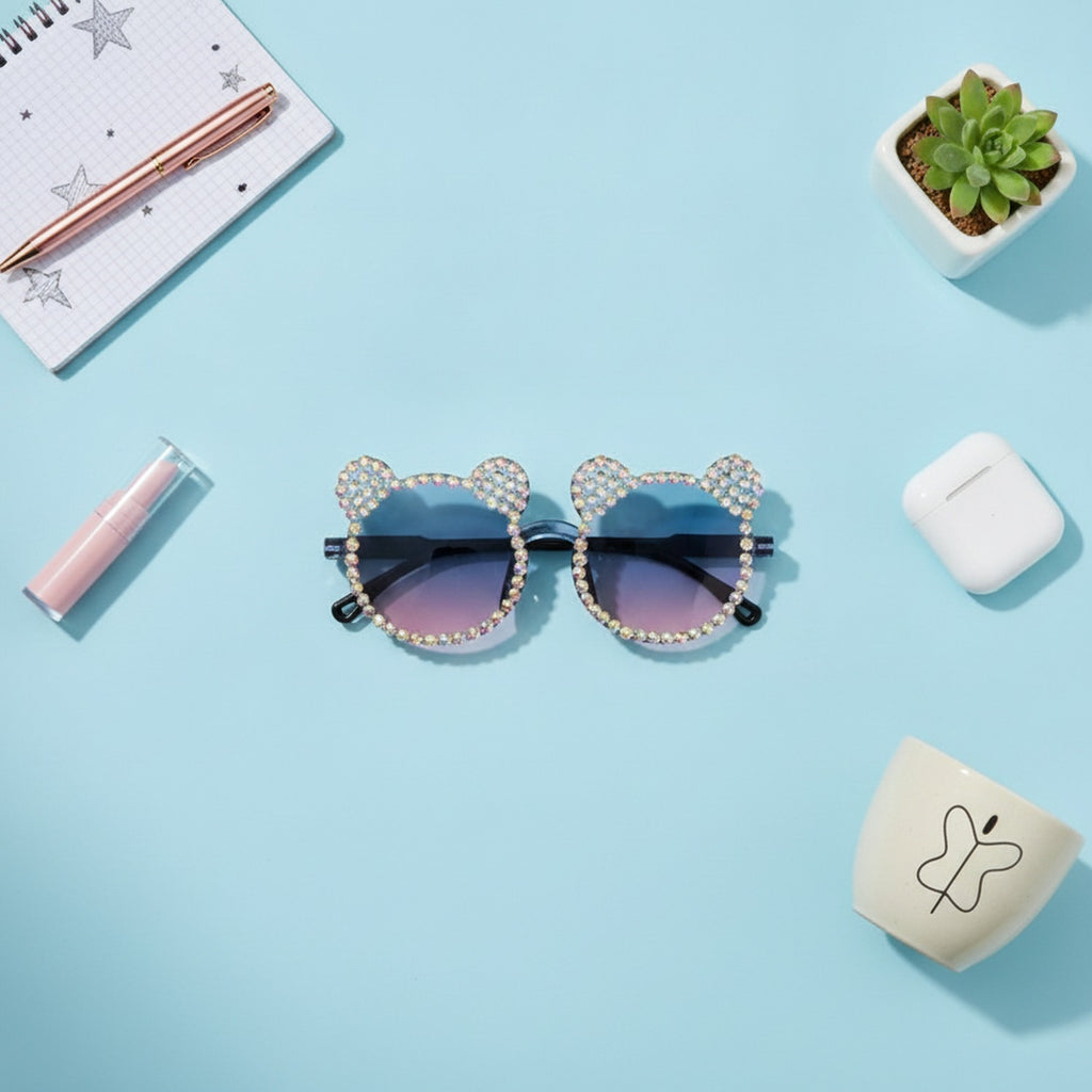 Rhinestone Bear Round Sunglasses - Iridescent Crystal Bear – eyewear (view 3)