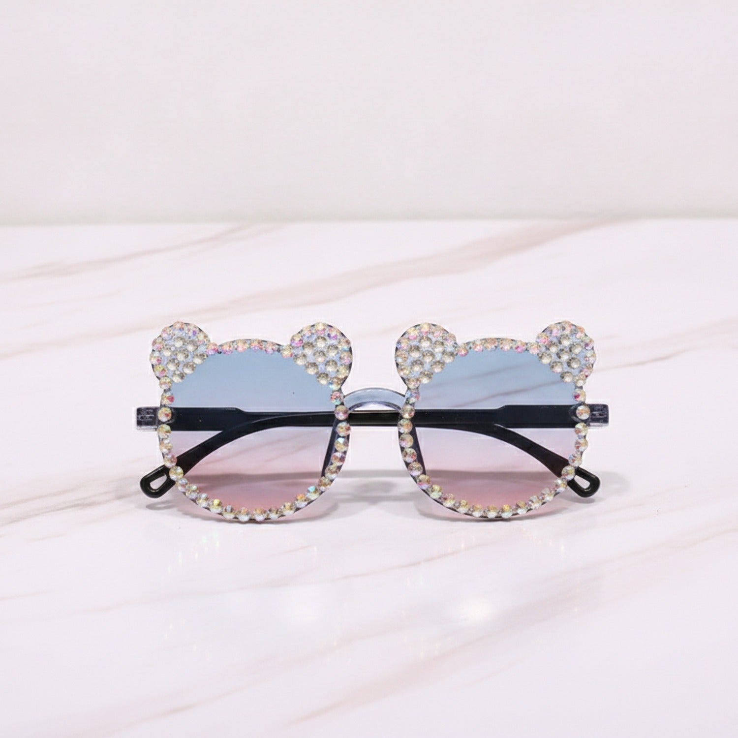 Rhinestone Bear Round Sunglasses - Iridescent Crystal Bear