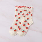 Cream Strawberry Ruffle Crew Socks