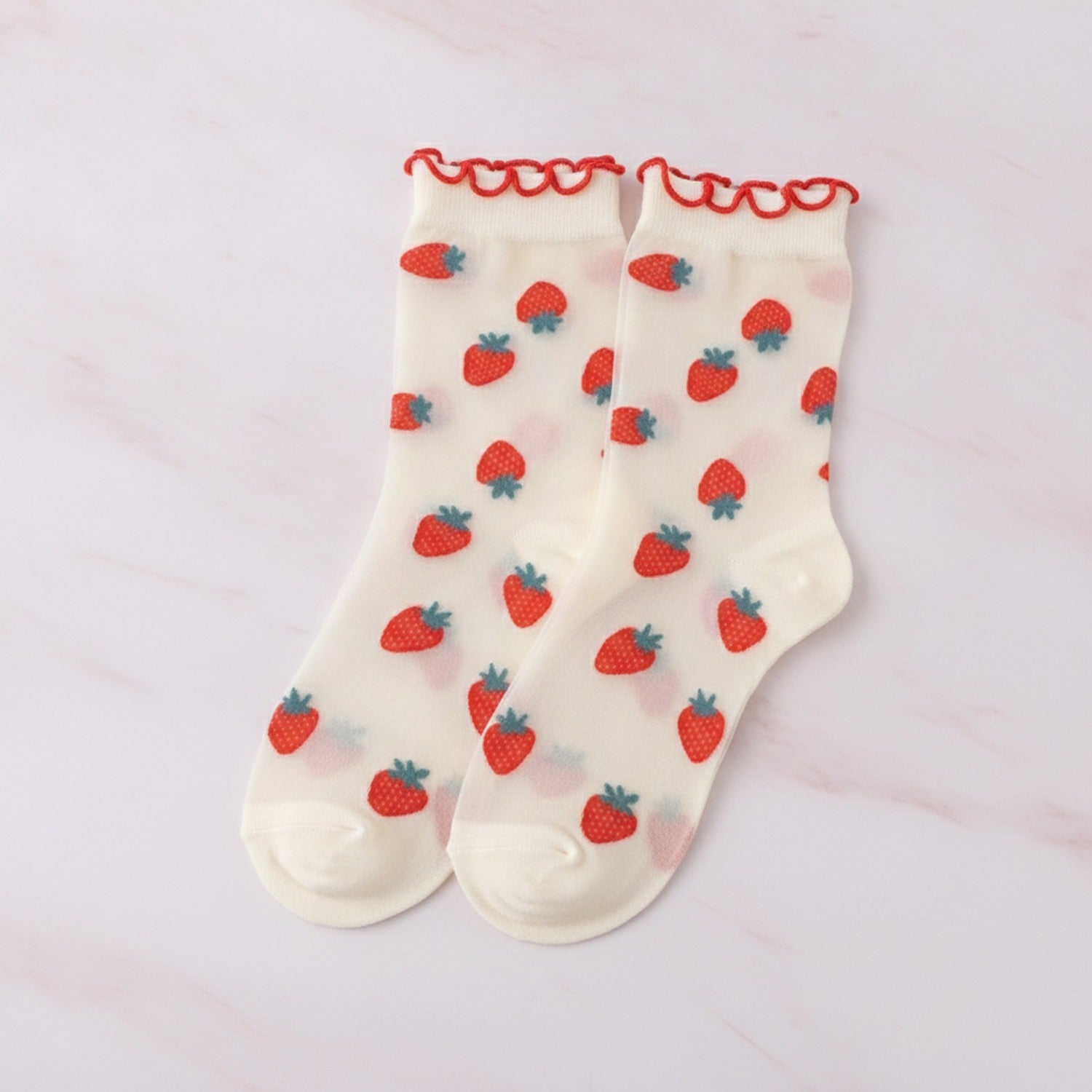 Cream Strawberry Ruffle Crew Socks