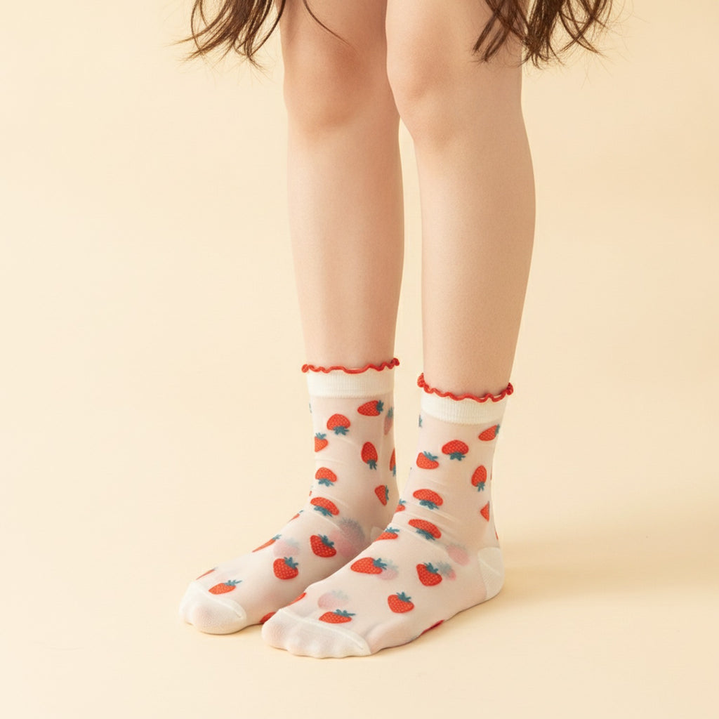 Cream Strawberry Ruffle Crew Socks