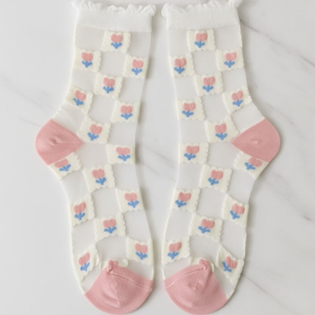 White Pink Checkered Crew Socks – apparel accessories (view 2)
