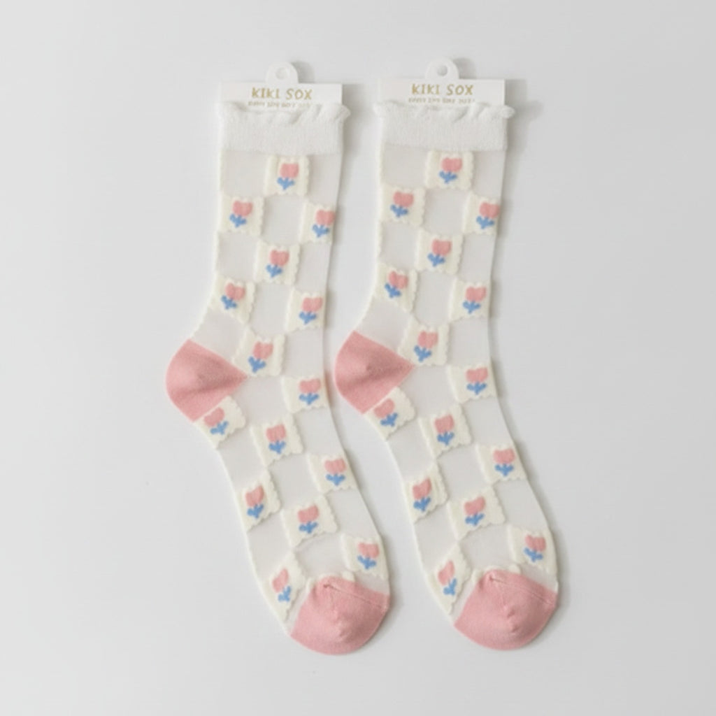 White Pink Checkered Crew Socks – apparel accessories (view 1)