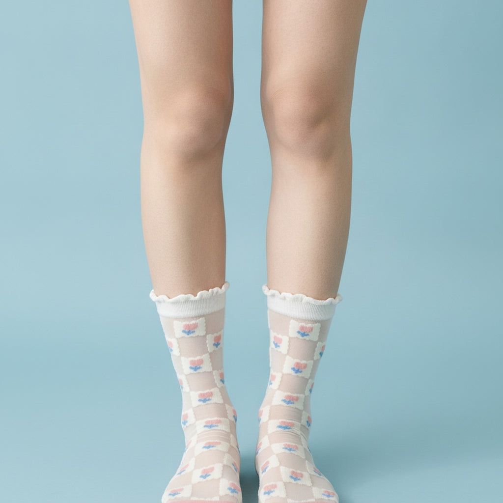 White Pink Checkered Crew Socks – apparel accessories (view 3)