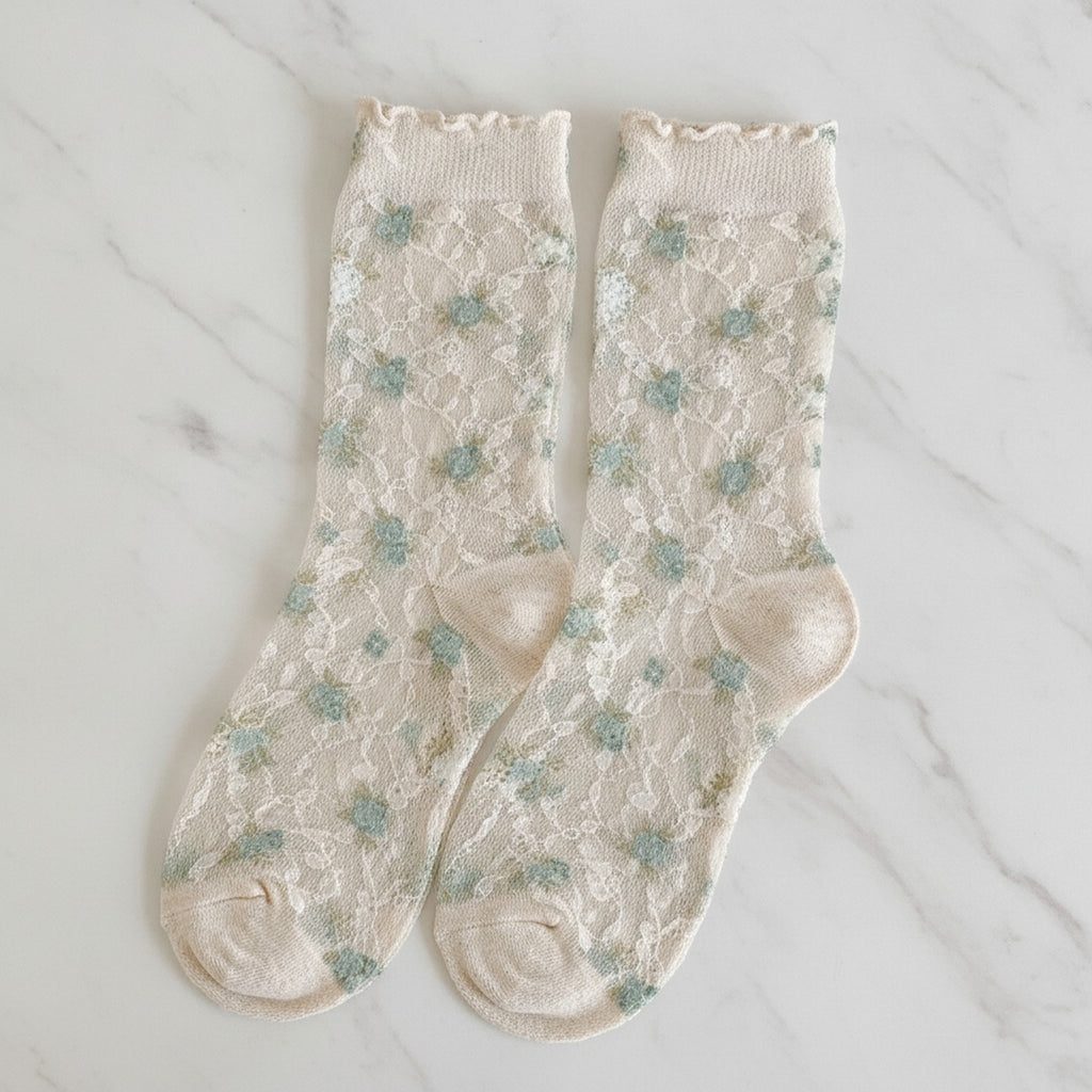 Floral Crew Socks With Ruffle Top - Green