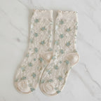 Floral Crew Socks With Ruffle Top - Green
