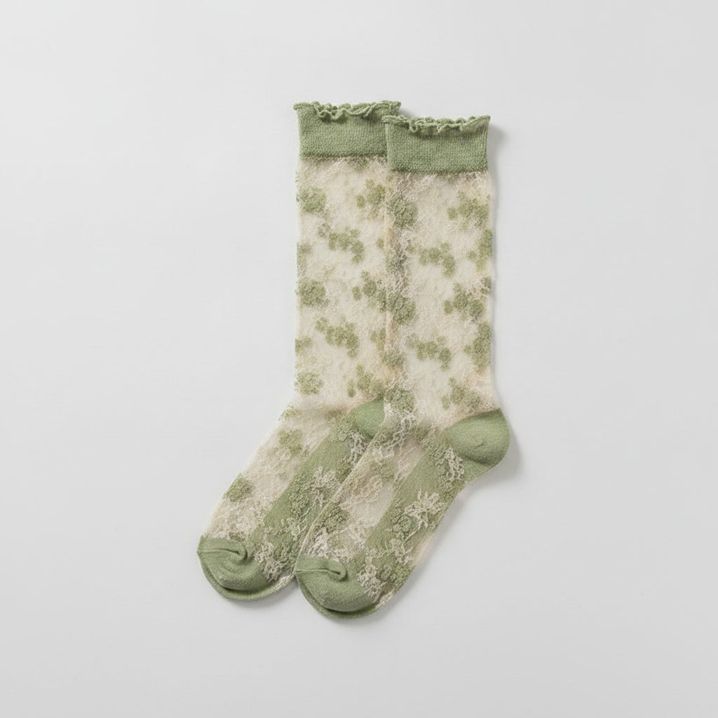 Floral Crew Socks With Ruffle Top - Green
