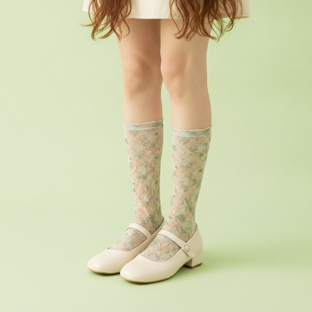 Floral Crew Socks With Ruffle Top - Green
