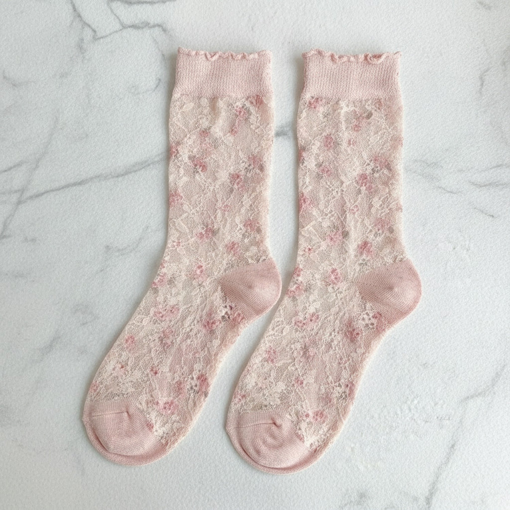 Pink Floral Lace Crew Socks – apparel accessories (view 2)