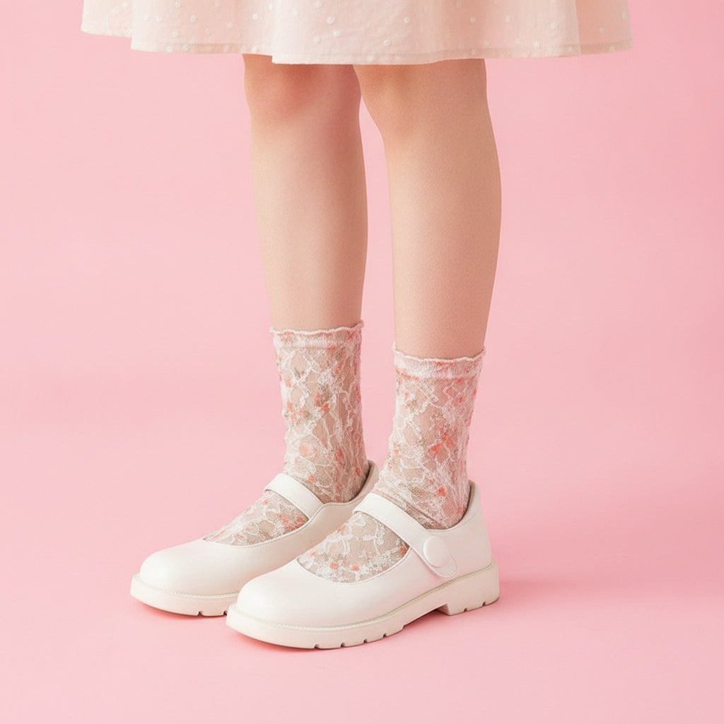 Pink Floral Lace Crew Socks – apparel accessories (view 3)