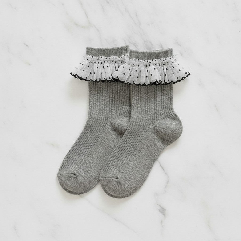 Gray Ruffled Polka Dot Crew Socks – apparel accessories (view 3)