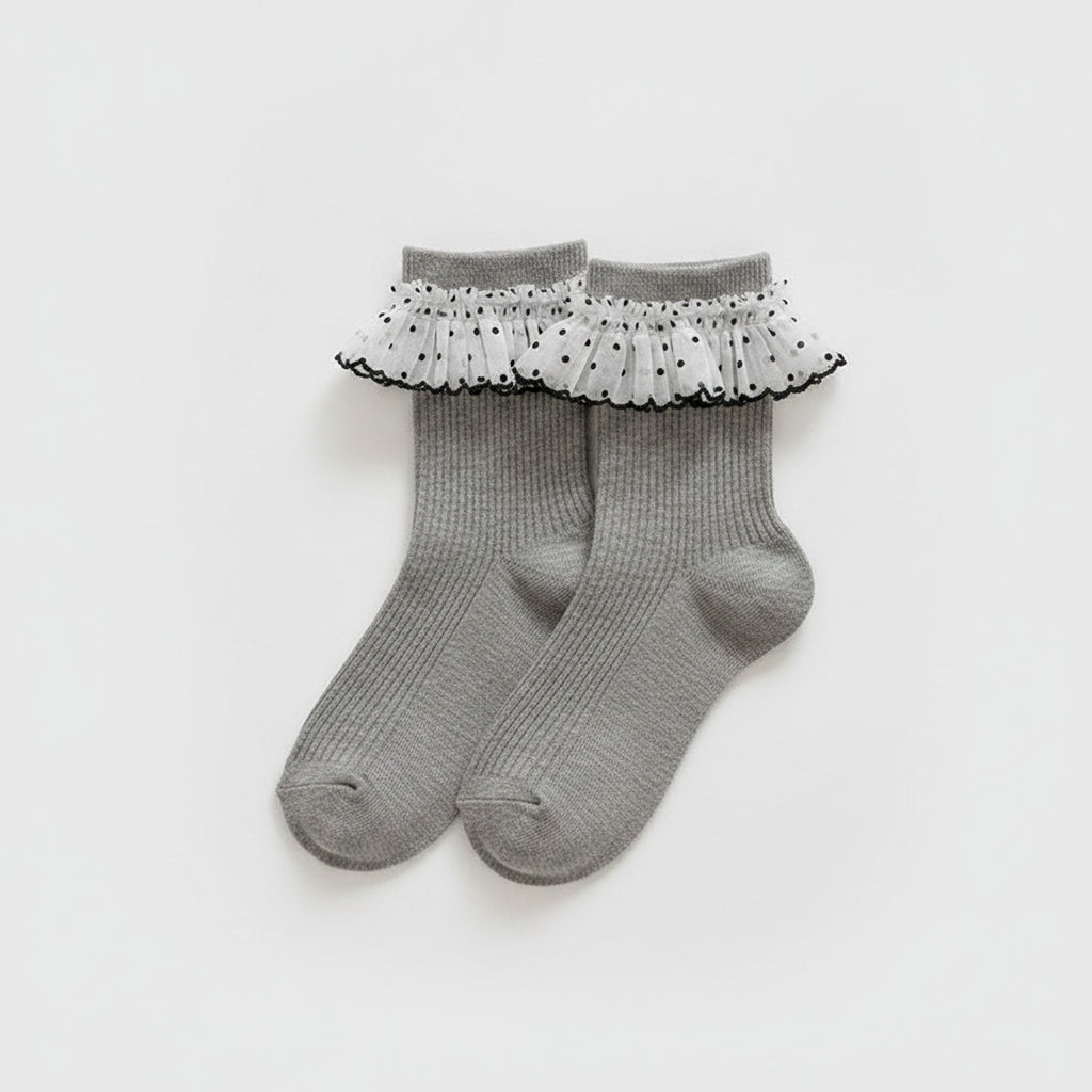 Ribbed Crew Socks with Ruffle - Gray