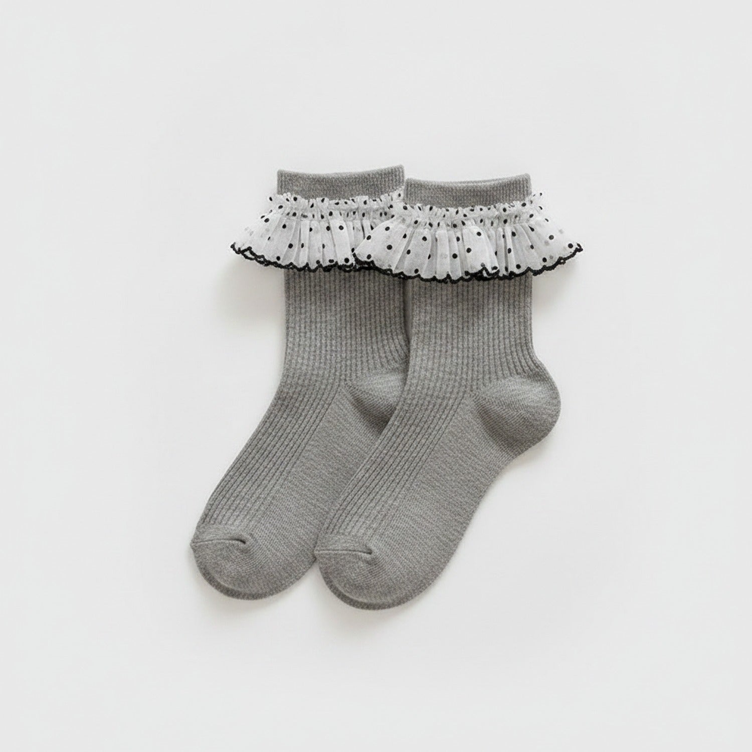 Ribbed Crew Socks with Ruffle - Gray