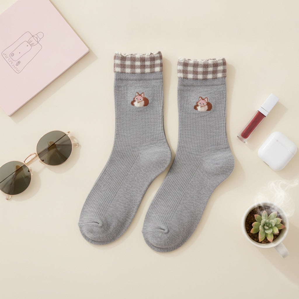 Gray Plaid Trim Puppy Crew Socks – apparel accessories (view 2)