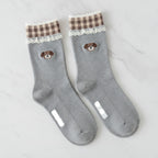 Bear Cuff Crew Socks - Gray Grid