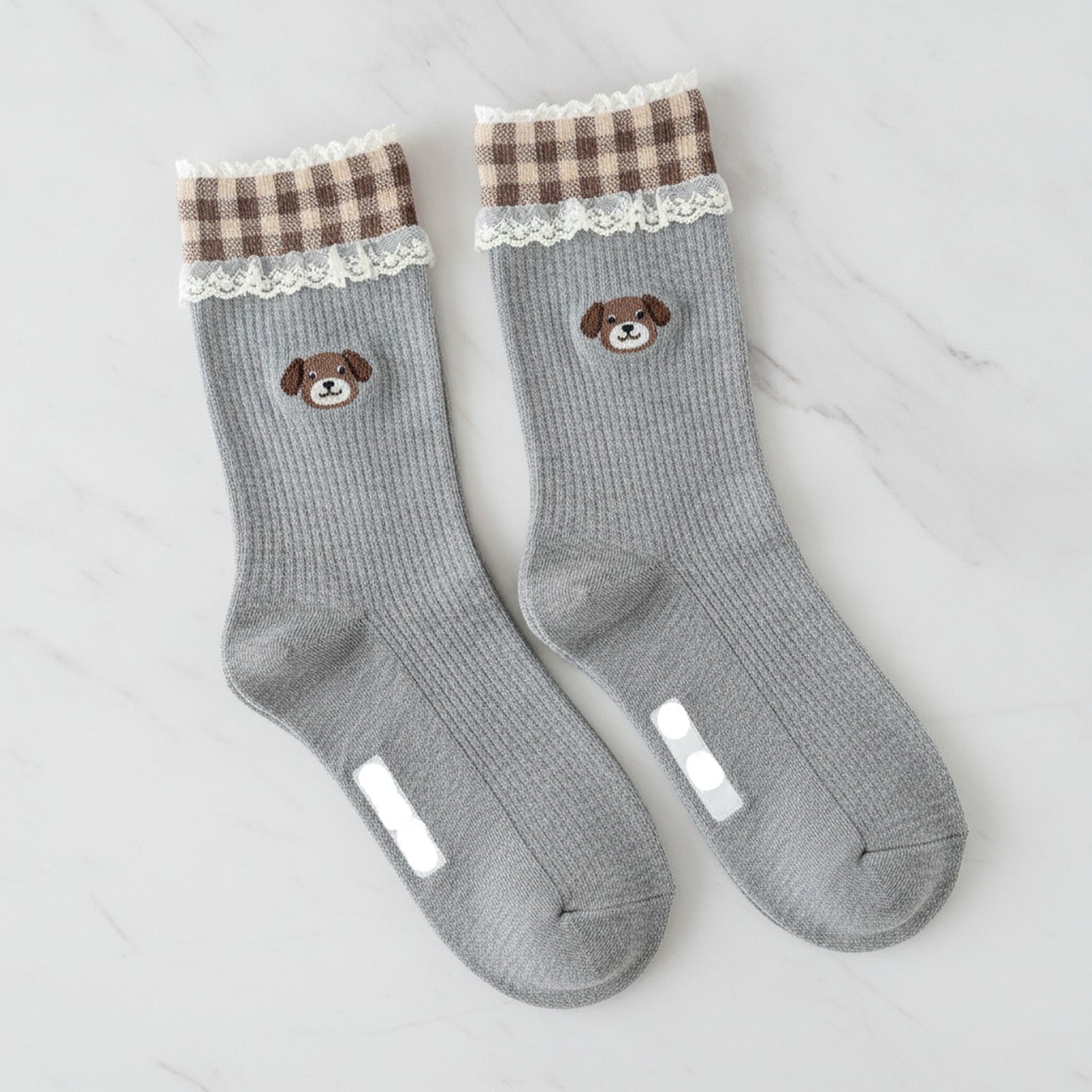 Bear Cuff Crew Socks - Gray Grid