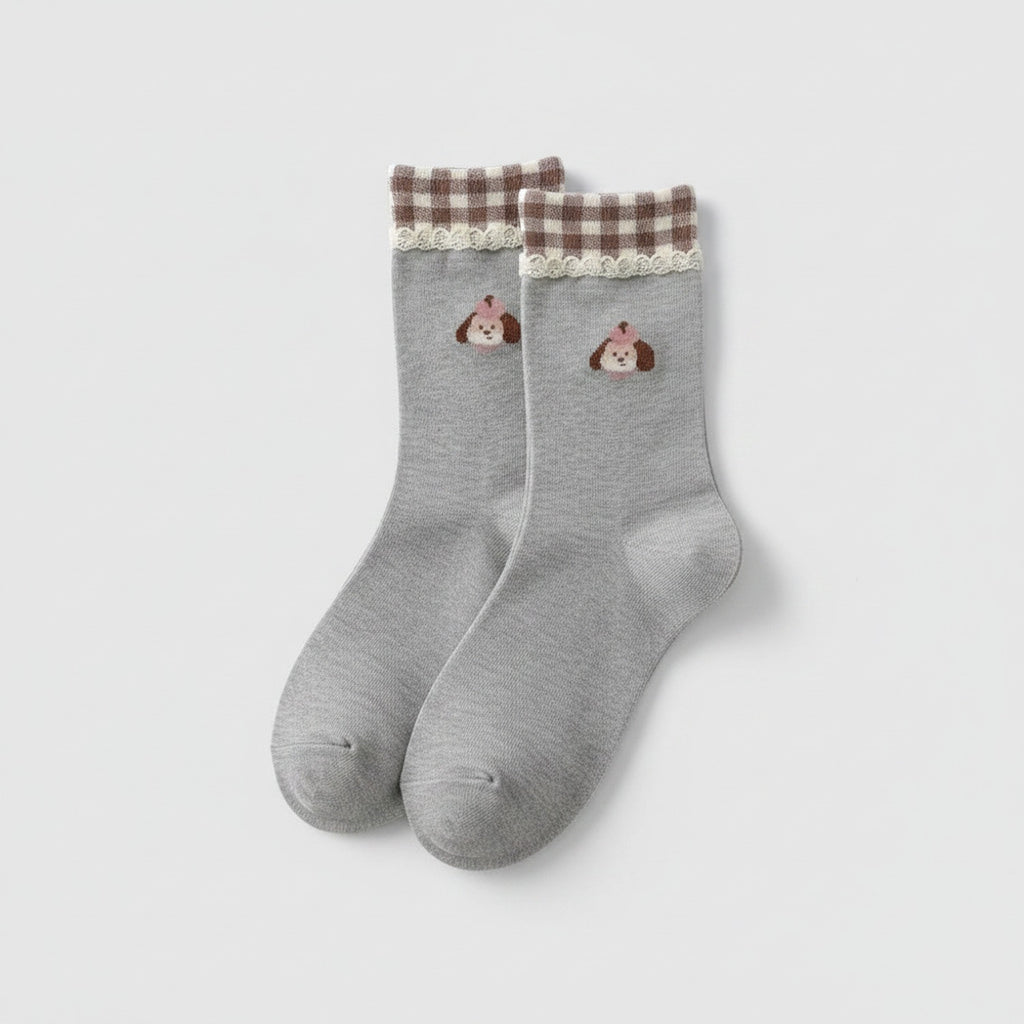 Bear Cuff Crew Socks - Gray Grid