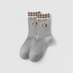 Bear Cuff Crew Socks - Gray Grid