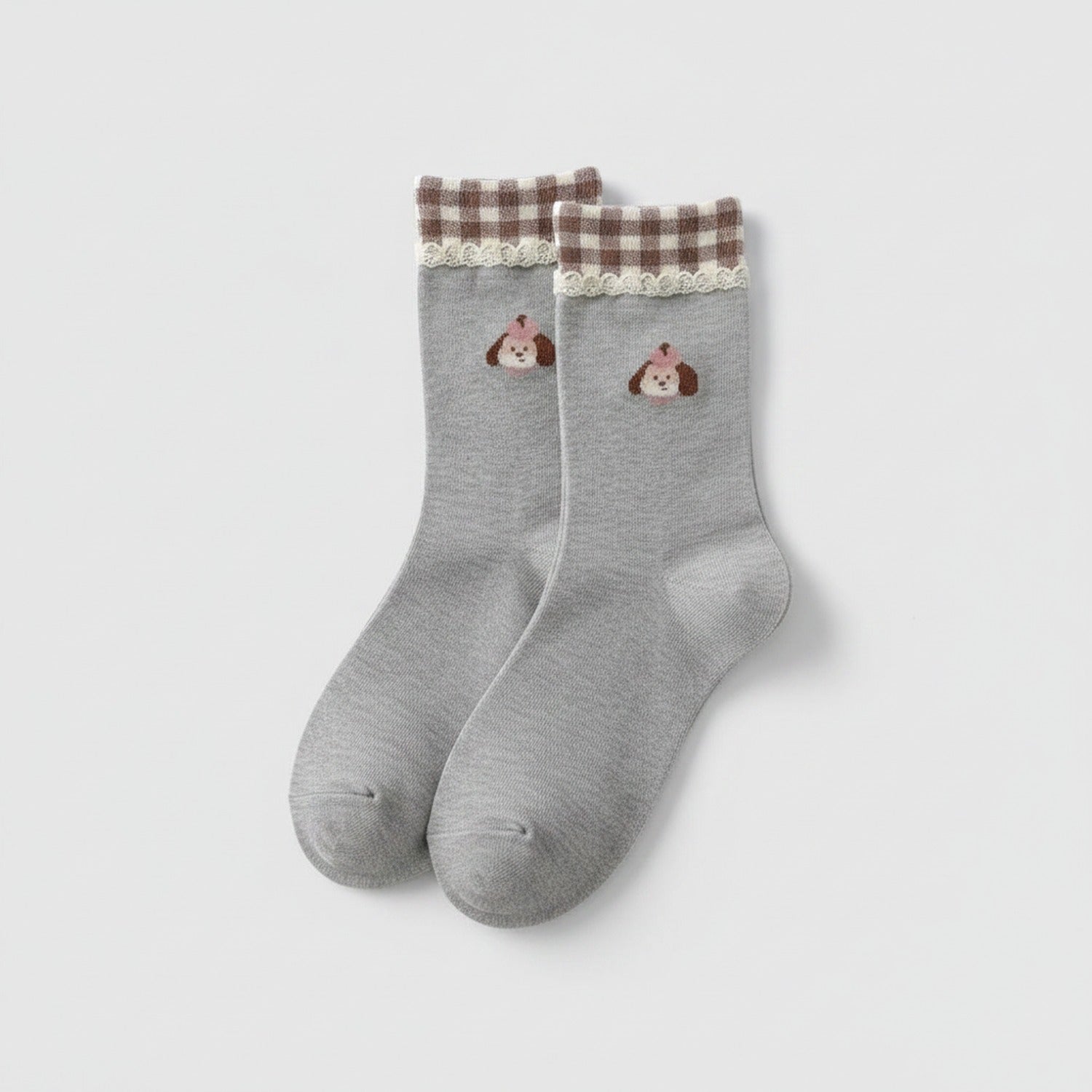 Bear Cuff Crew Socks - Gray Grid