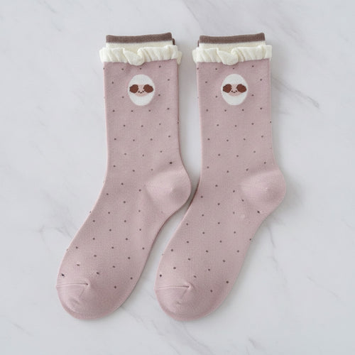 Bear Cuff Crew Socks - Pink Polka Dot
