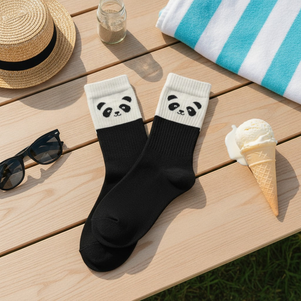 White Panda Striped Crew Socks