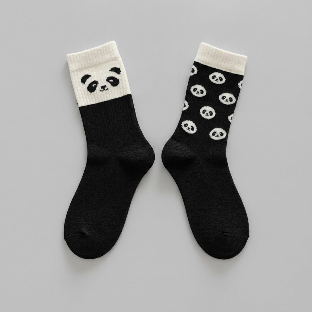 White Panda Striped Crew Socks
