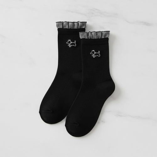 Black Scottie Dog Embroidered Ruffled Crew Socks