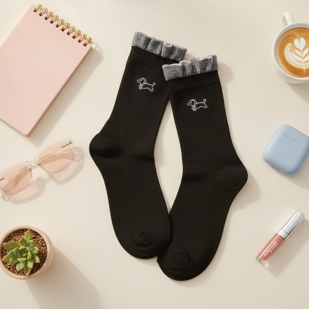 Black Scottie Dog Embroidered Ruffled Crew Socks – apparel accessories (view 2)