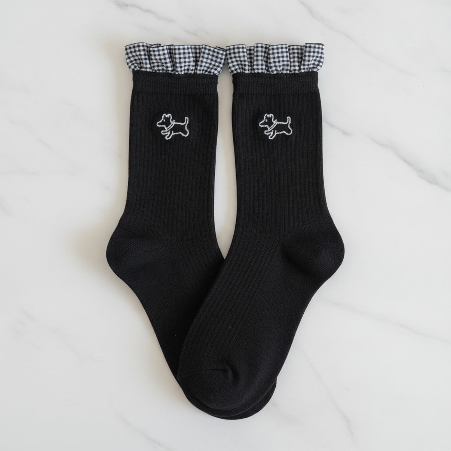 Socks With Ruffle And Embroidery - Black