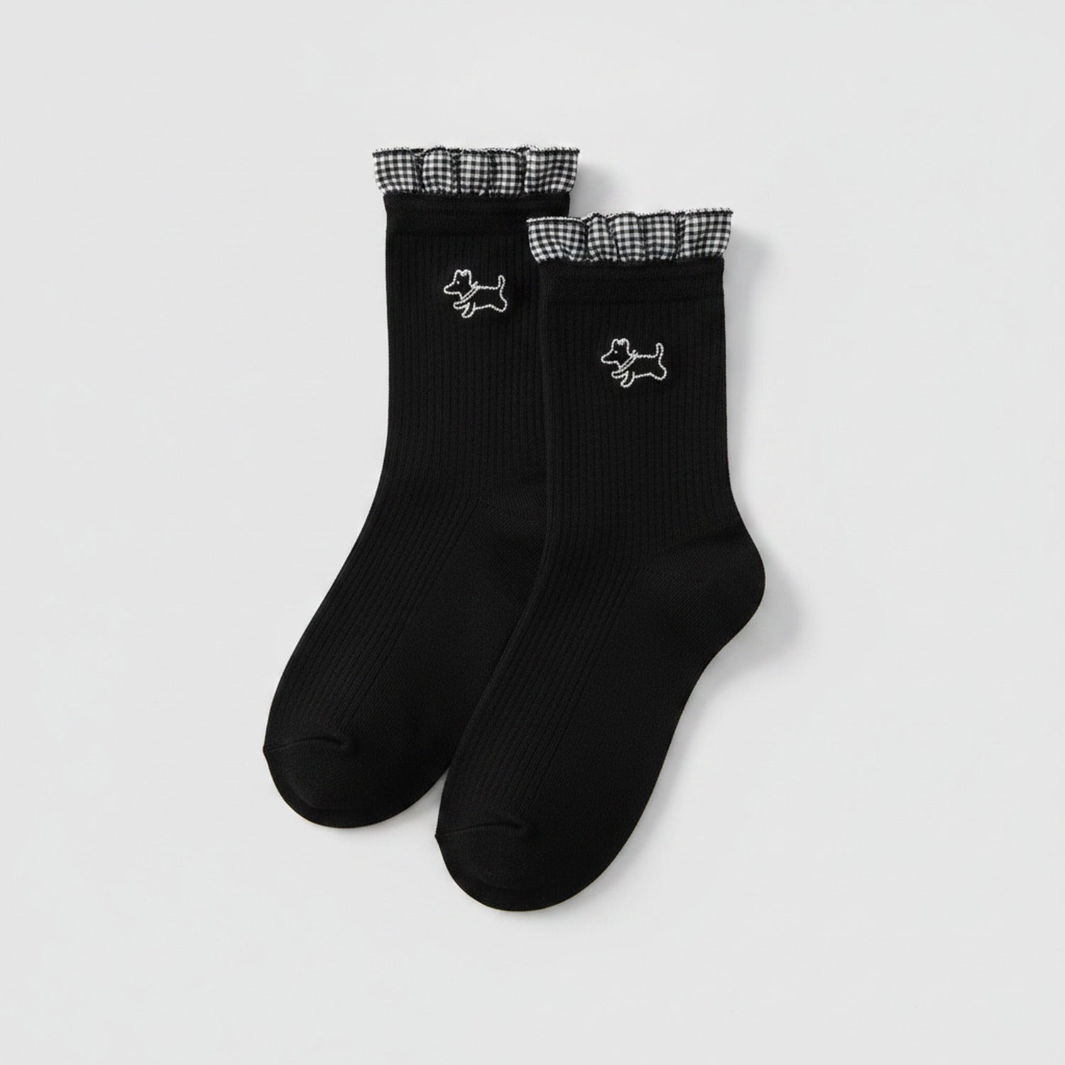 Socks With Ruffle And Embroidery - Black