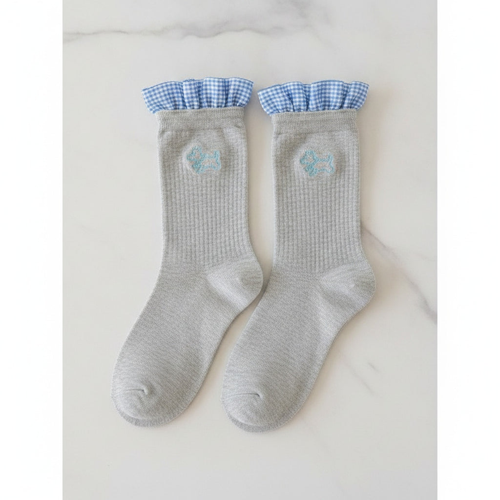 Socks With Ruffle And Embroidery - Gray
