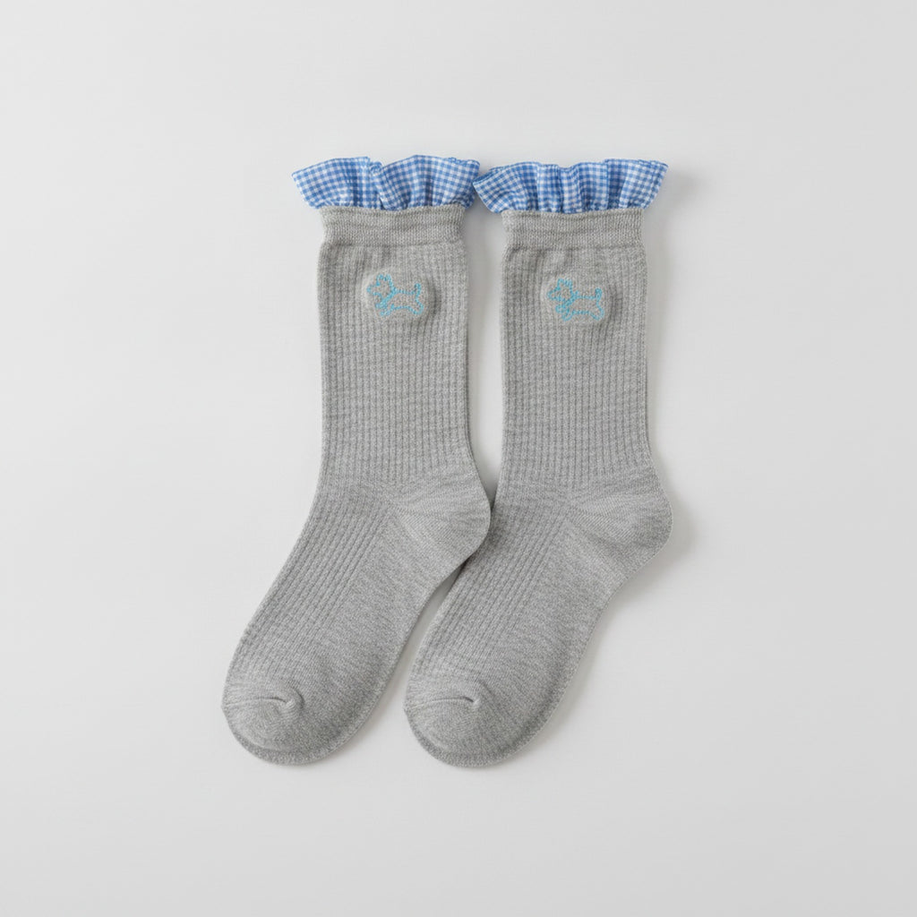 Socks With Ruffle And Embroidery - Gray
