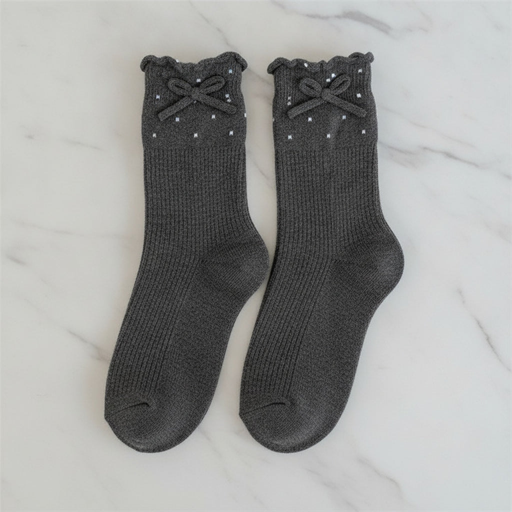 Ribbed Ruffle Dotted Crew Socks - Dark Gray