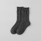 Ribbed Ruffle Dotted Crew Socks - Dark Gray