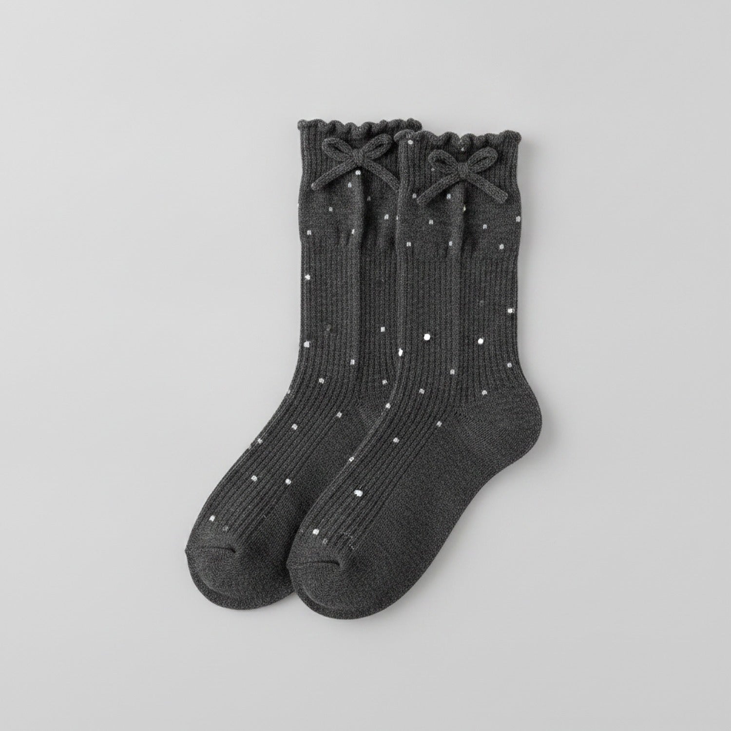 Ribbed Ruffle Dotted Crew Socks - Dark Gray