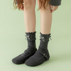 Ribbed Ruffle Dotted Crew Socks - Dark Gray