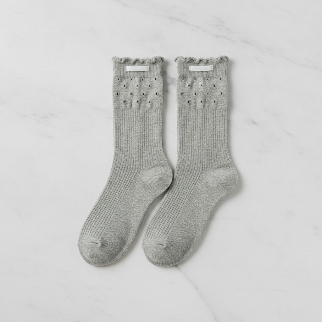 Light Gray Eyelet Ruffle Trim Crew Socks – apparel accessories (view 3)
