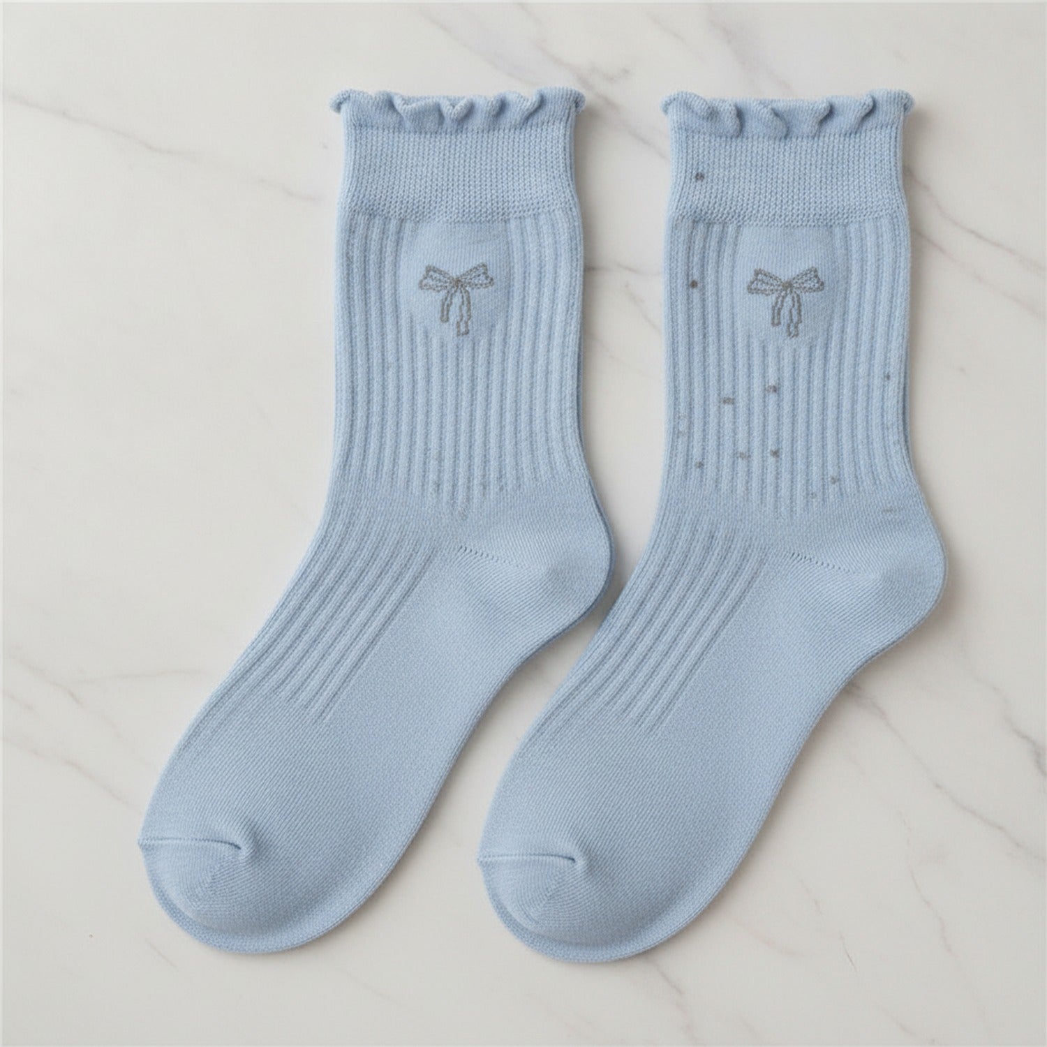 Ribbed Ruffle Bow Ankle Socks - Blue (Jacquard)