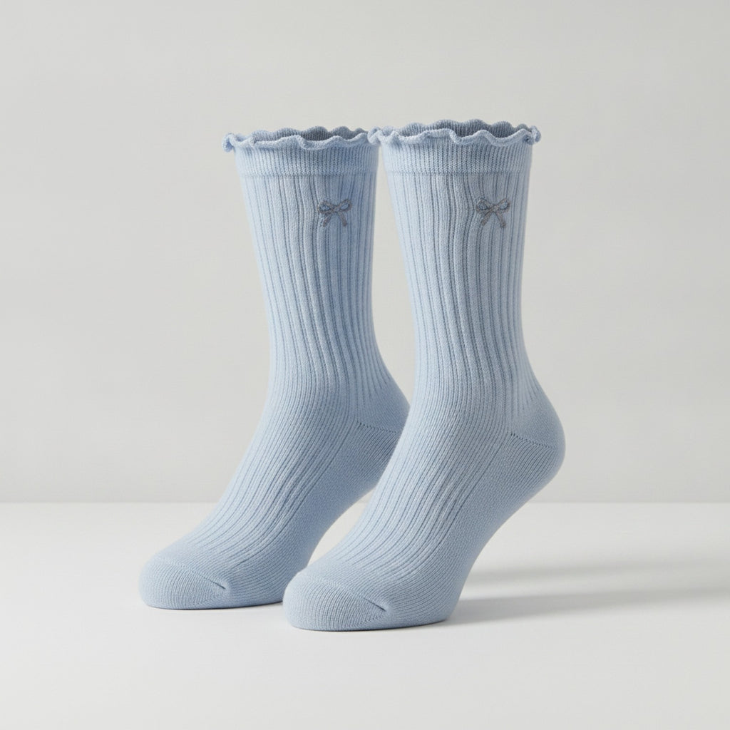 Ribbed Ruffle Bow Ankle Socks - Blue (Jacquard)