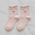 Ribbed Ruffle Bow Ankle Socks - Pink (Jacquard)