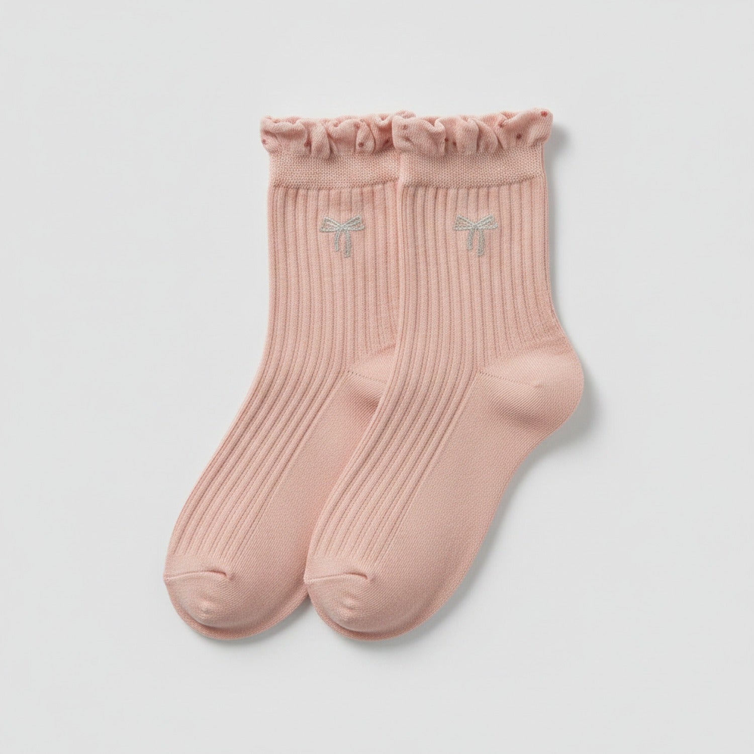 Ribbed Ruffle Bow Ankle Socks - Pink (Jacquard)