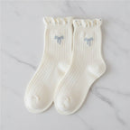 White Ribbed Bow Crew Socks